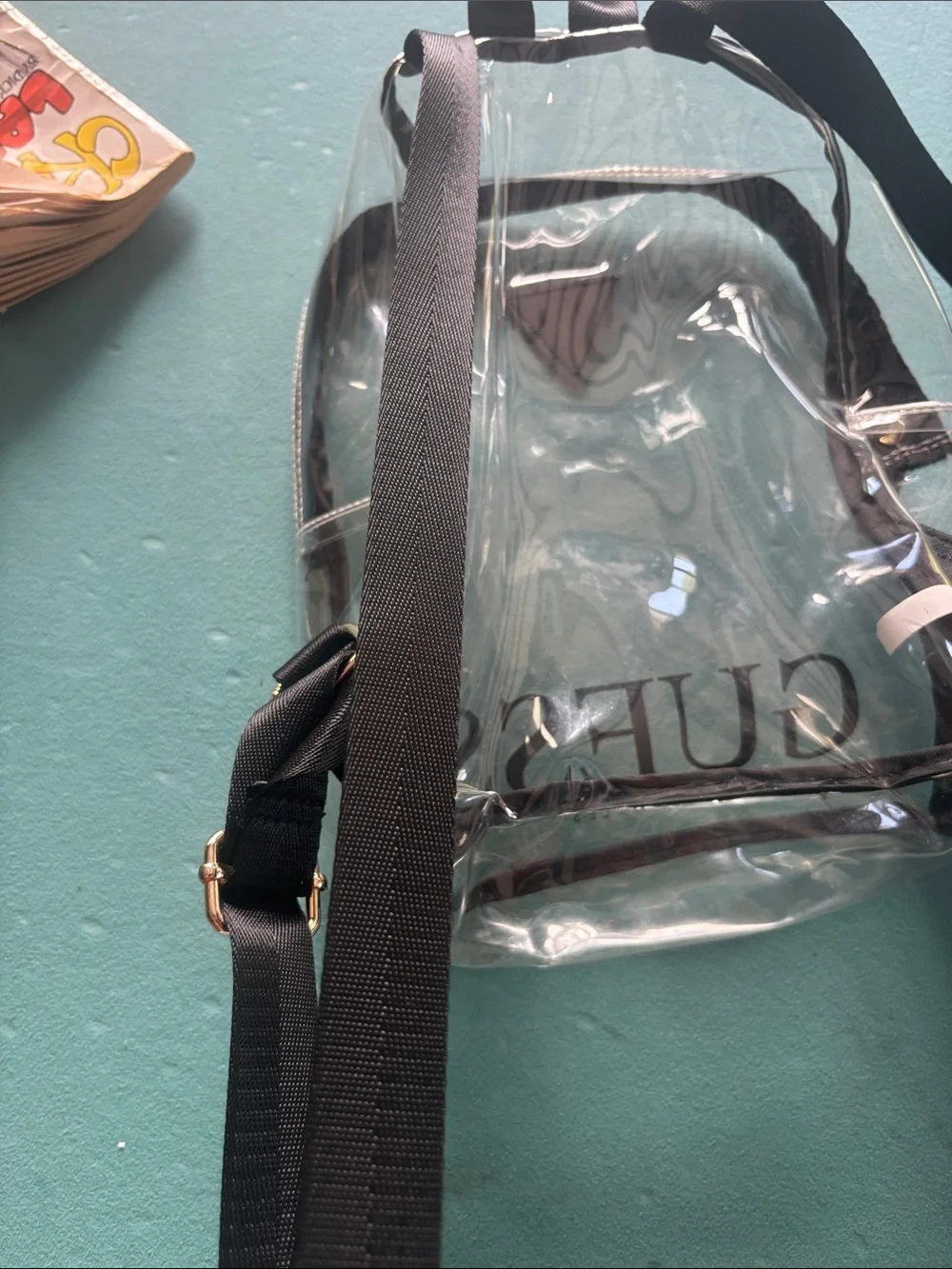 GUESS stadium Clear Black Trim logo Backpack - Transparent Stadium Bag